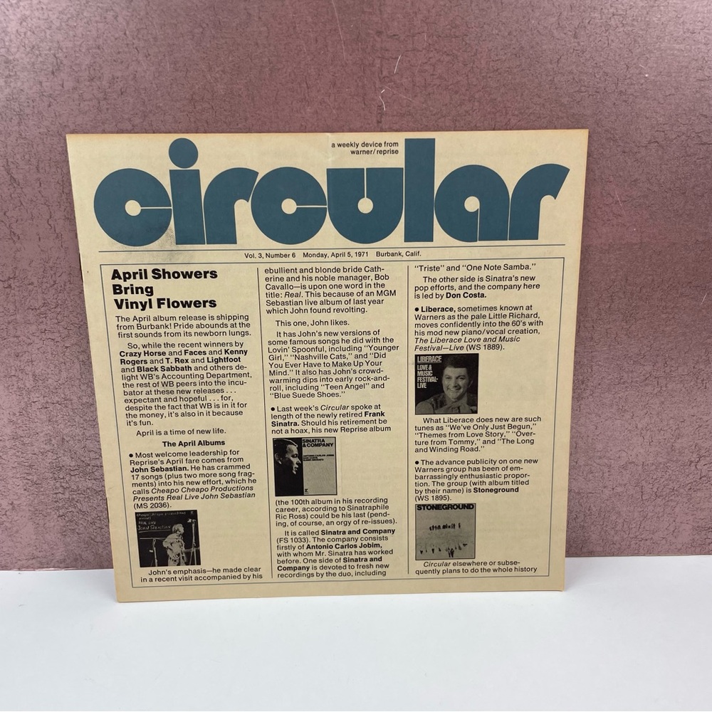 Circular Warner Reprise Magazine April 5, 1971 Music Vinage Warner Bros Liberace